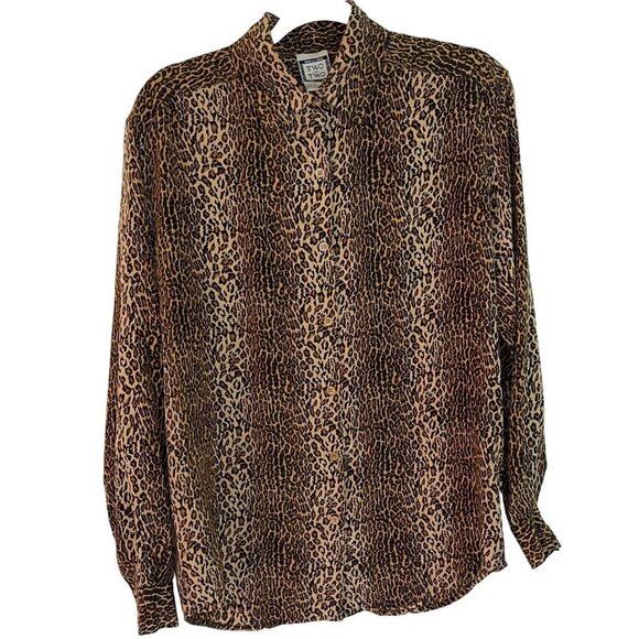 Two Two Vintage Womens Blouse Size Medium Brown Animal Print Long Sleeve - Picture 1 of 8
